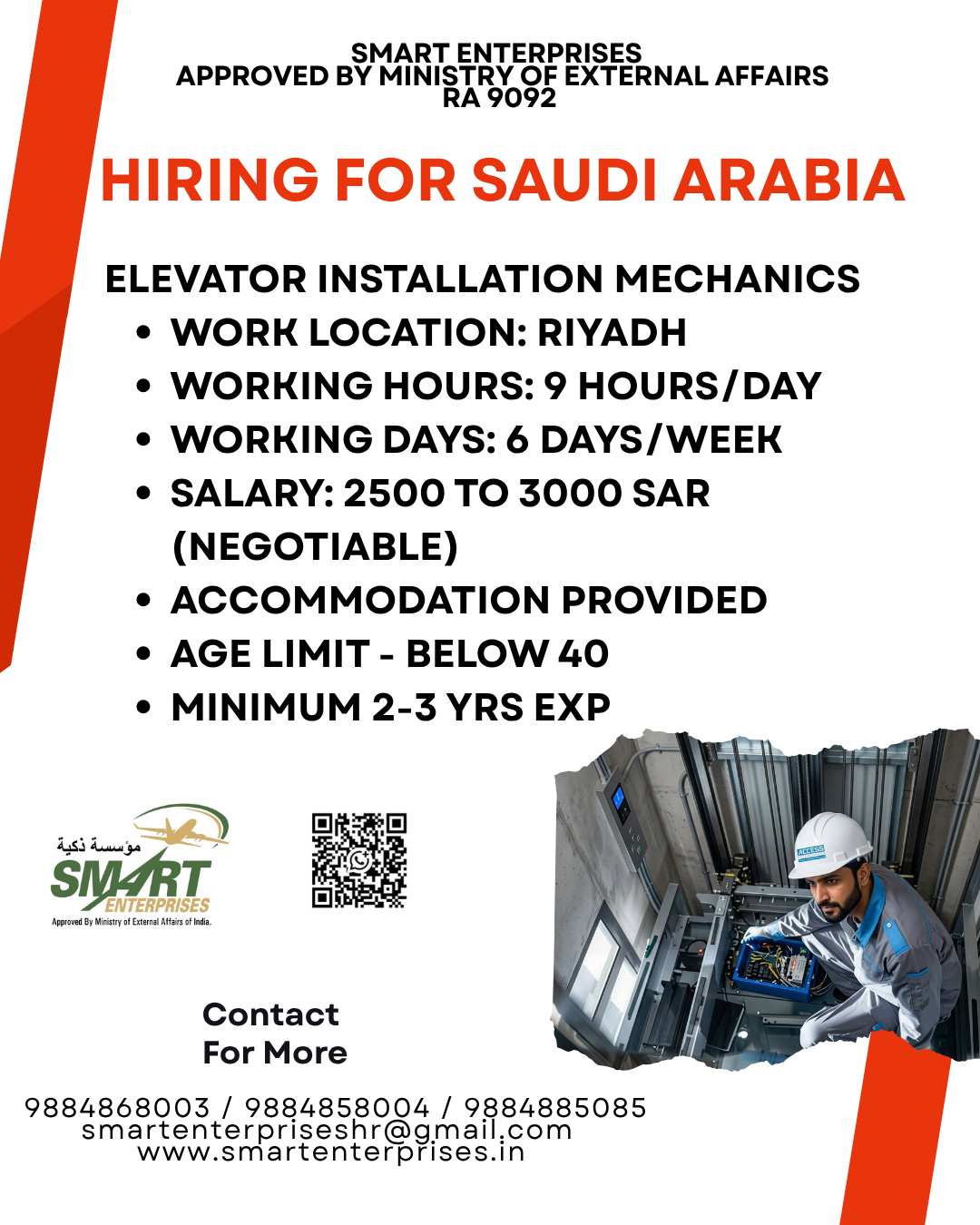 Elevator Installation Mechanics — smartenterpriseshr@gmail.com, SAUDI ARABIA