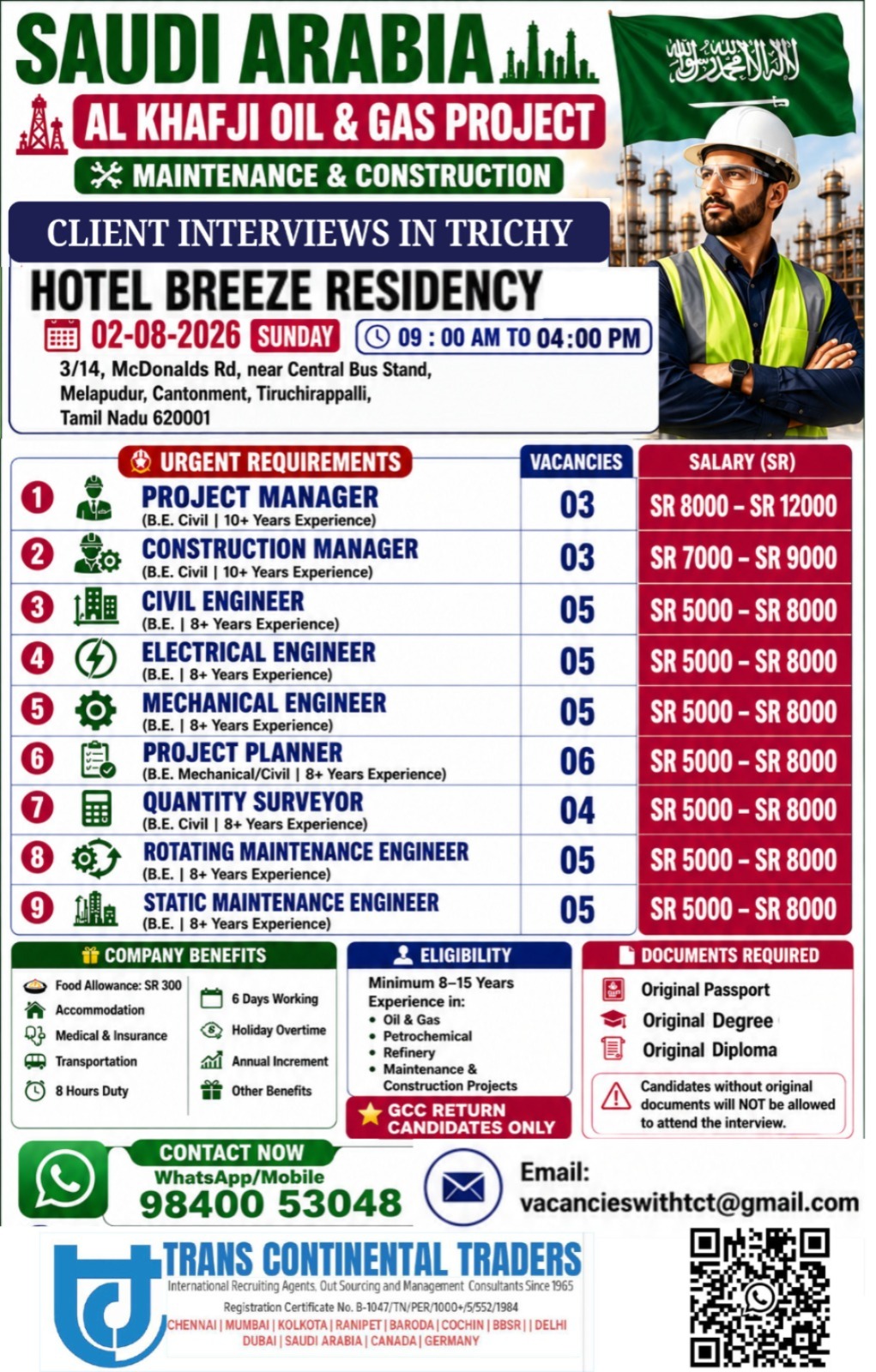 Al Khafji Oil & Gas Project - Maintenance & Construction | DIRECT CLIENT INTERVIEWS IN TRICHY 02-08-2026 HOTEL BREEZE RESIDENCY CALL FOR MORE DETAILS  9791553048 — Trans Continental Traders, Saudi Arabia