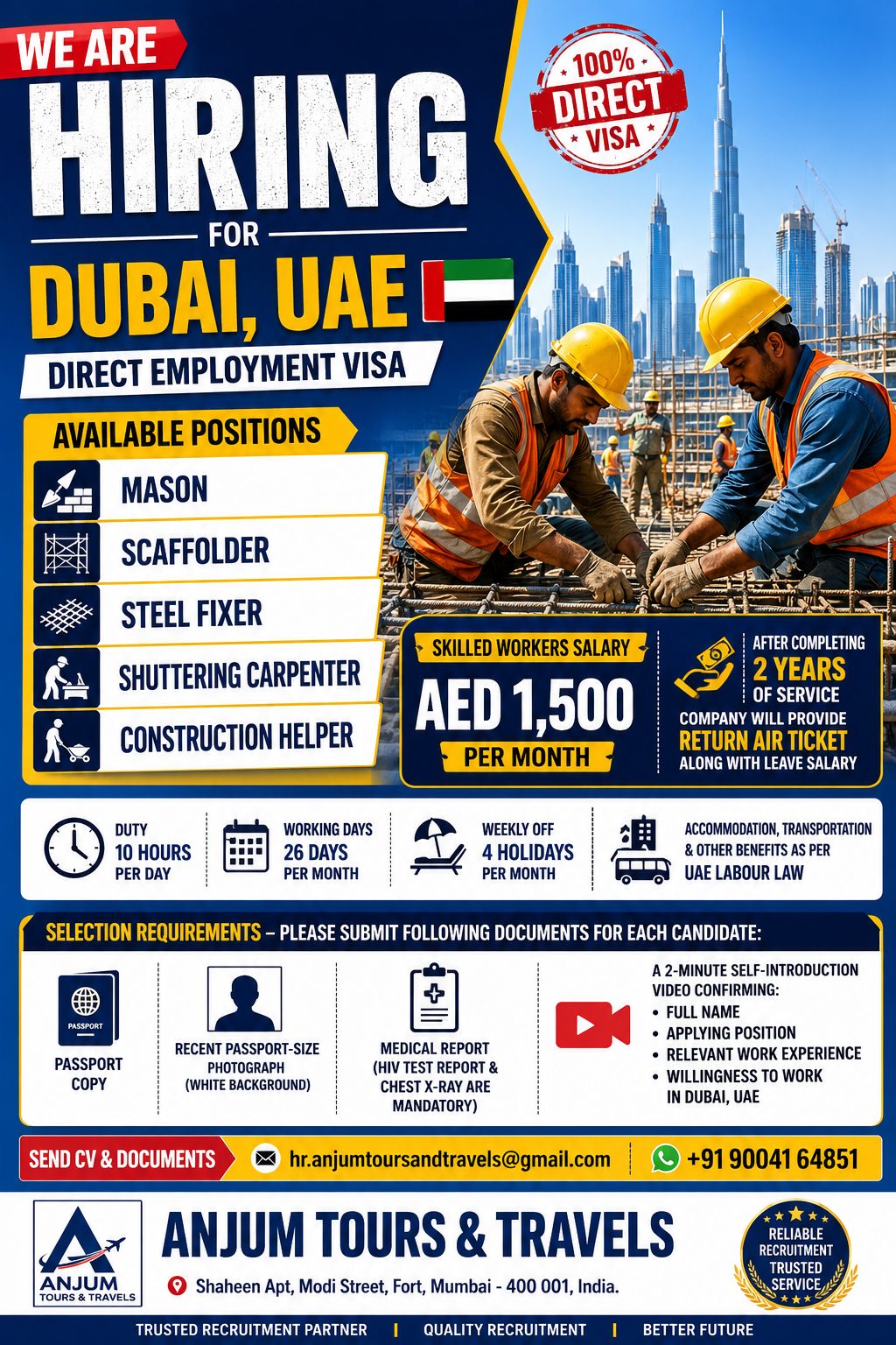 Construction & Skilled Workers Recruitment for Dubai, UAE — Anjum Tours And Travels, UAE, UAE