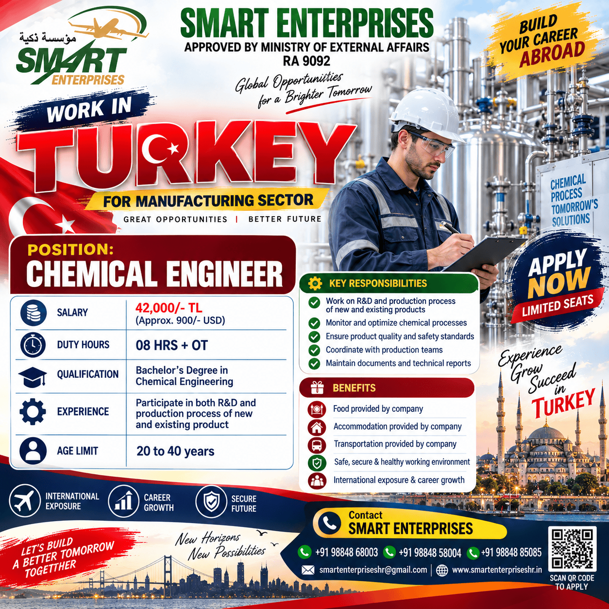 CHEMICAL ENGINEER TURKEY — smartenterpriseshr@gmail.com, TURKEY