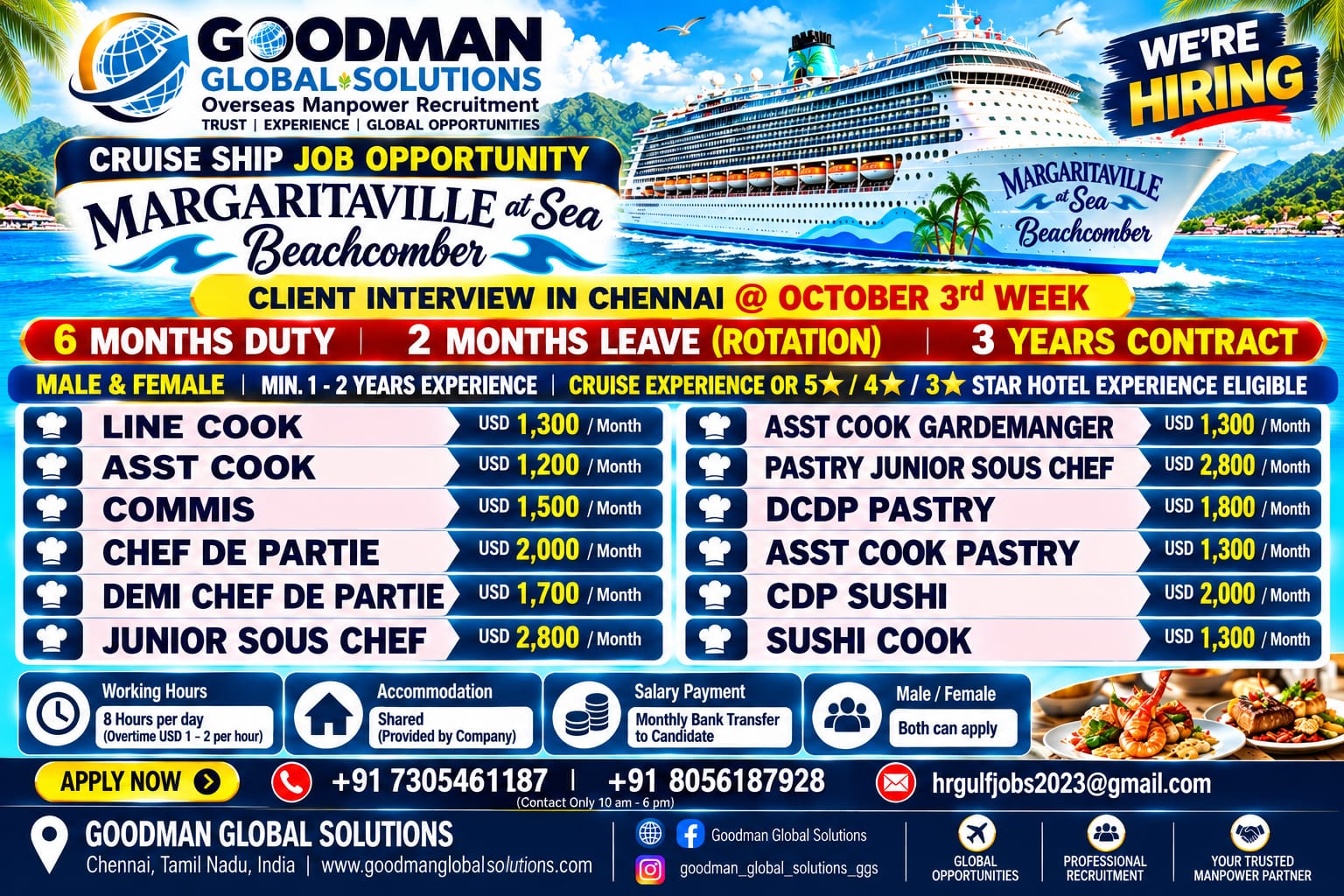 Cruise Ship Job Opportunity - Margaritaville at Sea Beachcomber — GOODMAN GLOBAL SOLUTIONS, Cruise Ship (International), Cruise Ship (International)