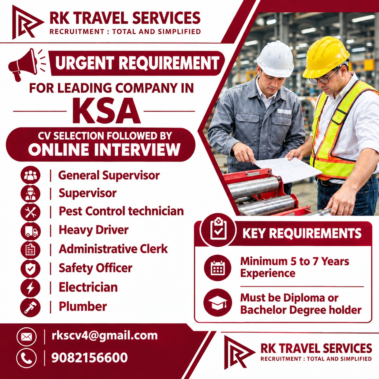 Urgent Recruitment for Leading Company in KSA — RK Travel Services, Saudi Arabia