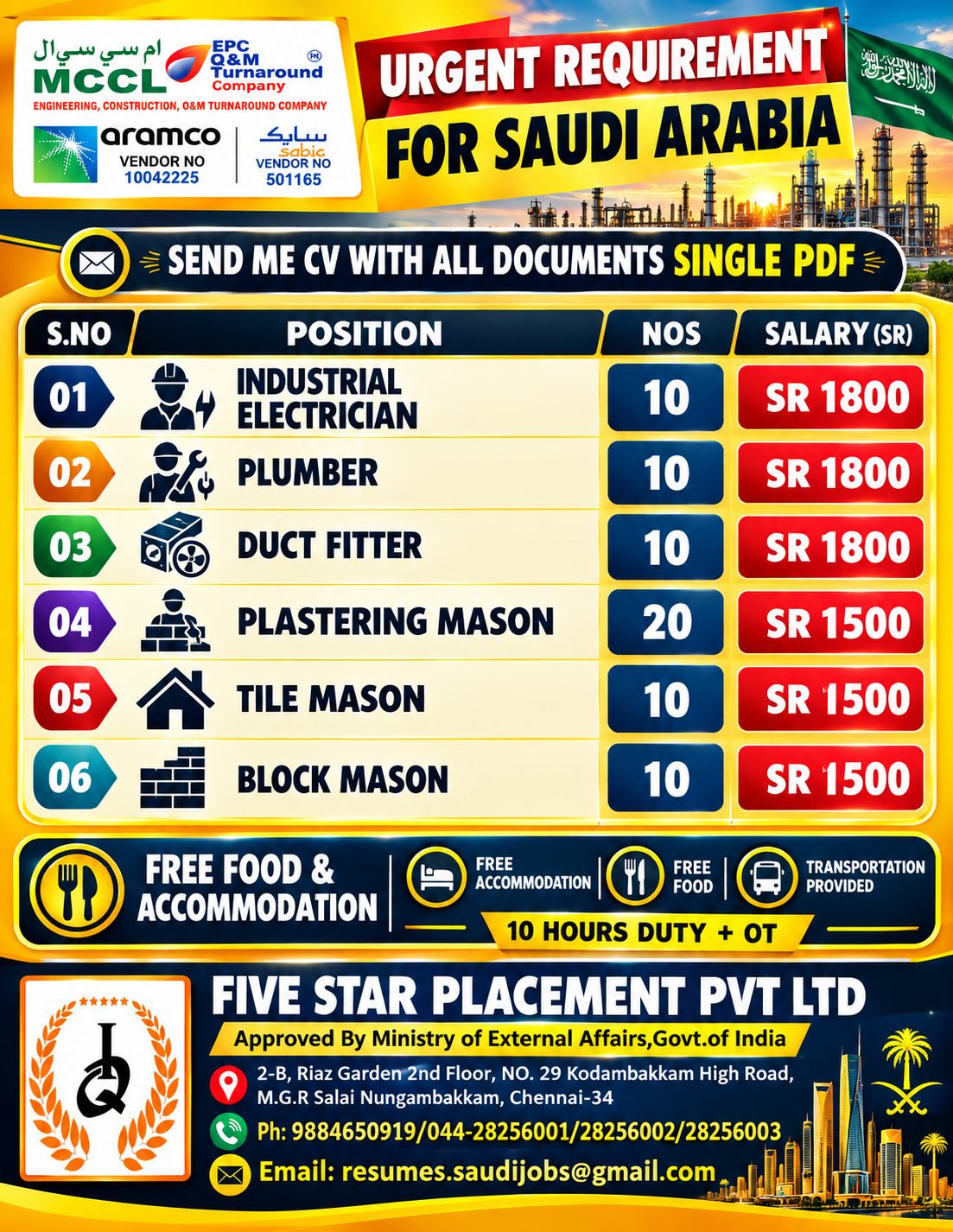 URGENT REQUIREMENT  FOR SAUDI ARABIA -MCCL - DAMMAM