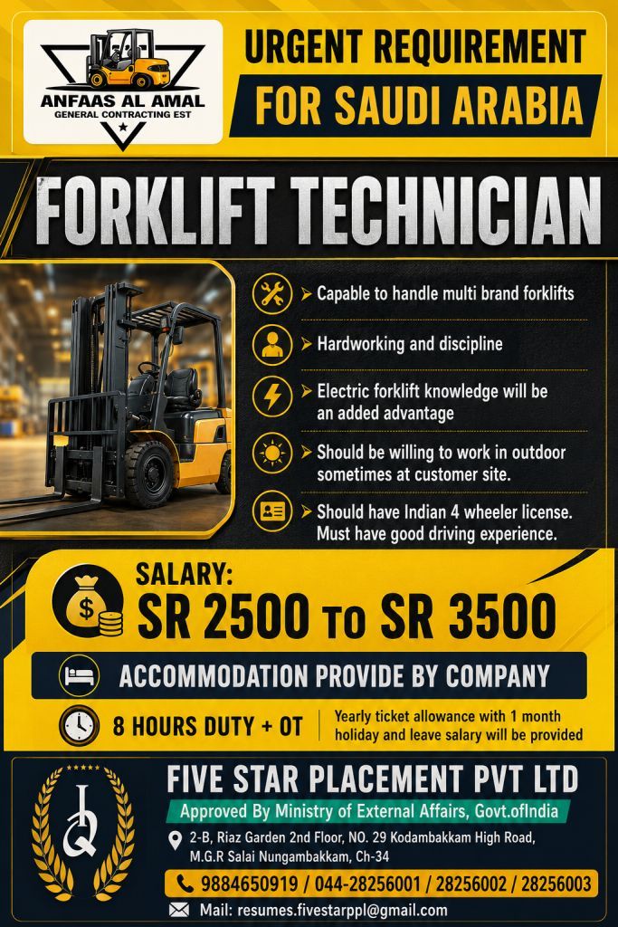 URGENT REQUIREMENT FOR FORKLIFT TECHNICIAN SAUDI ARABIA — Five Star Placement Pvt Ltd, SAUDI ARABIA, SAUDI ARABIA