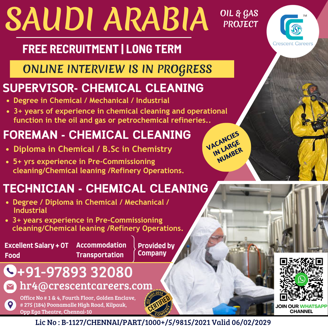 Saudi Arabia Oil & Gas Project - Chemical Cleaning Positions — Crescent Careers, Saudi Arabia, Saudi Arabia