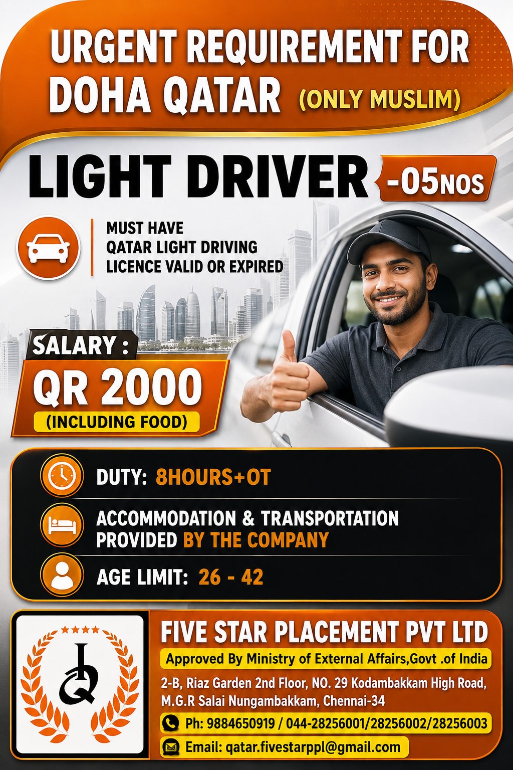 URGENT REQUIREMENT FOR DOHA QATAR (ONLY MUSLIM) - ONLINE INTERVIEW — Five Star Placement Pvt Ltd, DOHA QATAR