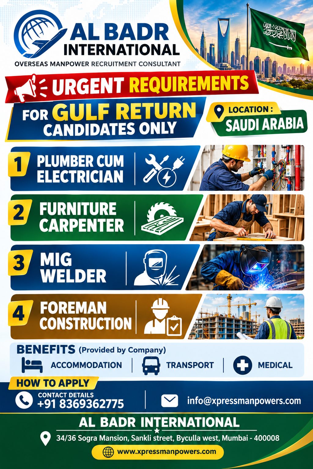 Gulf Return Candidates - Urgent Requirements — AL BADR INTERNATIONAL, Saudi Arabia