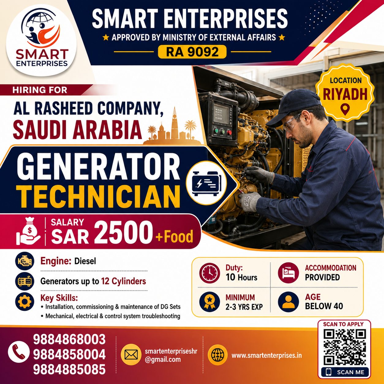 GENERATOR TECHNICIAN — smartenterpriseshr@gmail.com, SAUDI ARABIA, SAUDI ARABIA