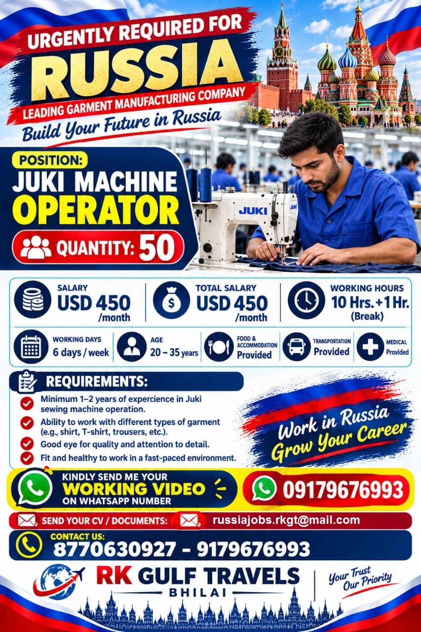 HIRING FOR A LEADING GARMENT MANUFACTURING COMPANY – RUSSIA.