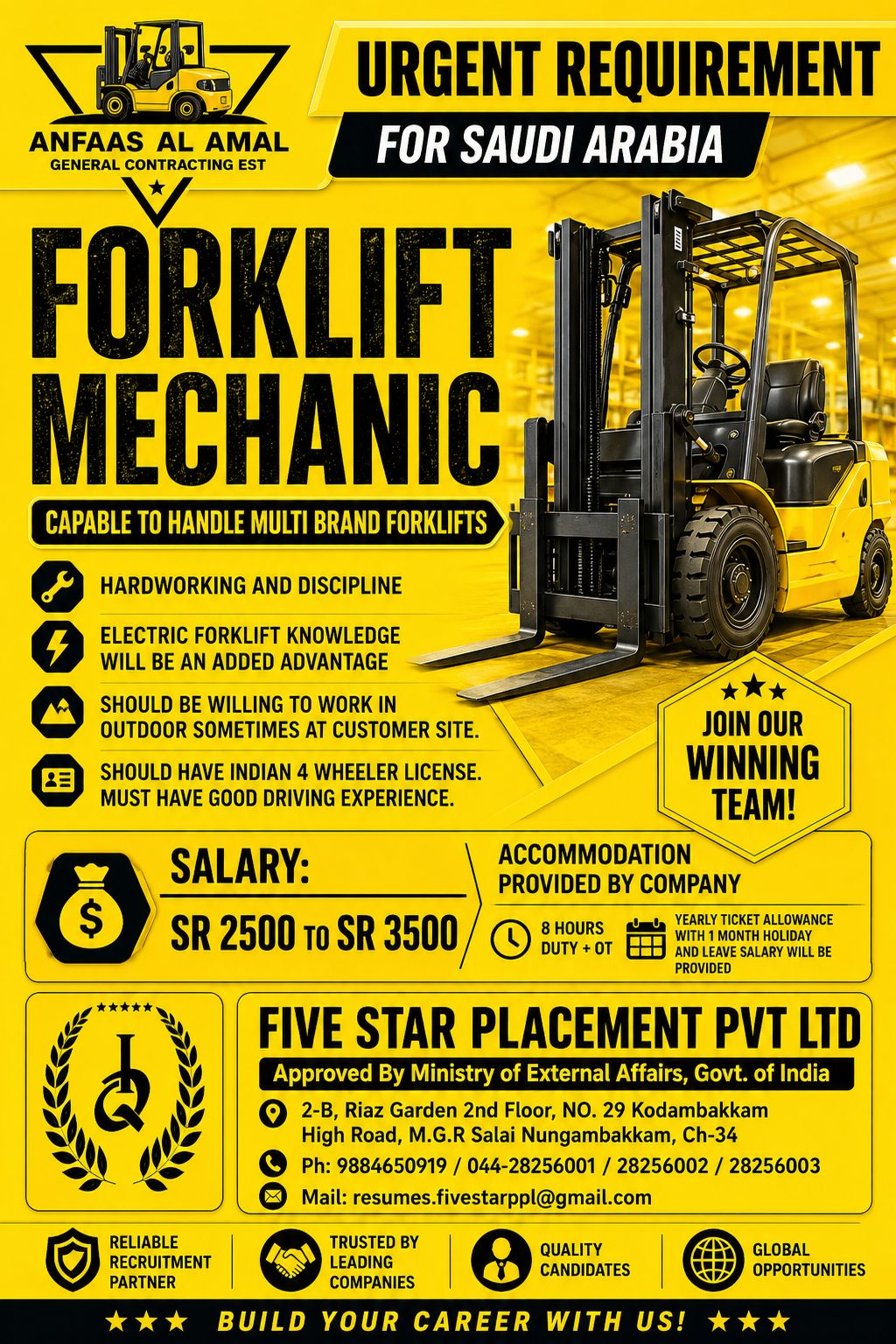 FORKLIFT MECHANIC  REQUIREMENT FOR SAUDI ARABIA — Five Star Placement Pvt Ltd, SAUDI ARABIA, SAUDI ARABIA