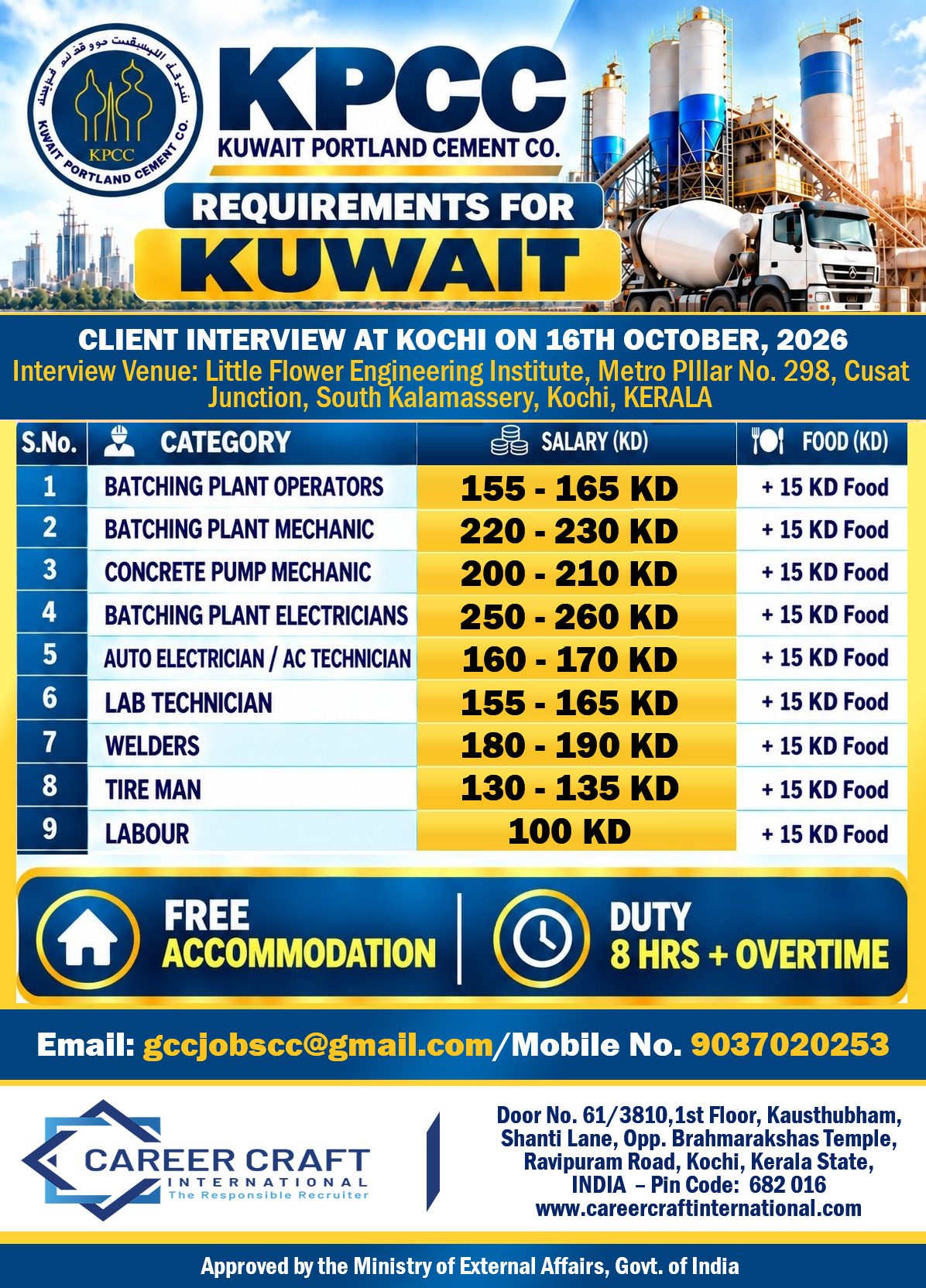 Client Interview at Kochi on 16th October, 2026 for Kuwait Portland Cement Company, Kuwait -