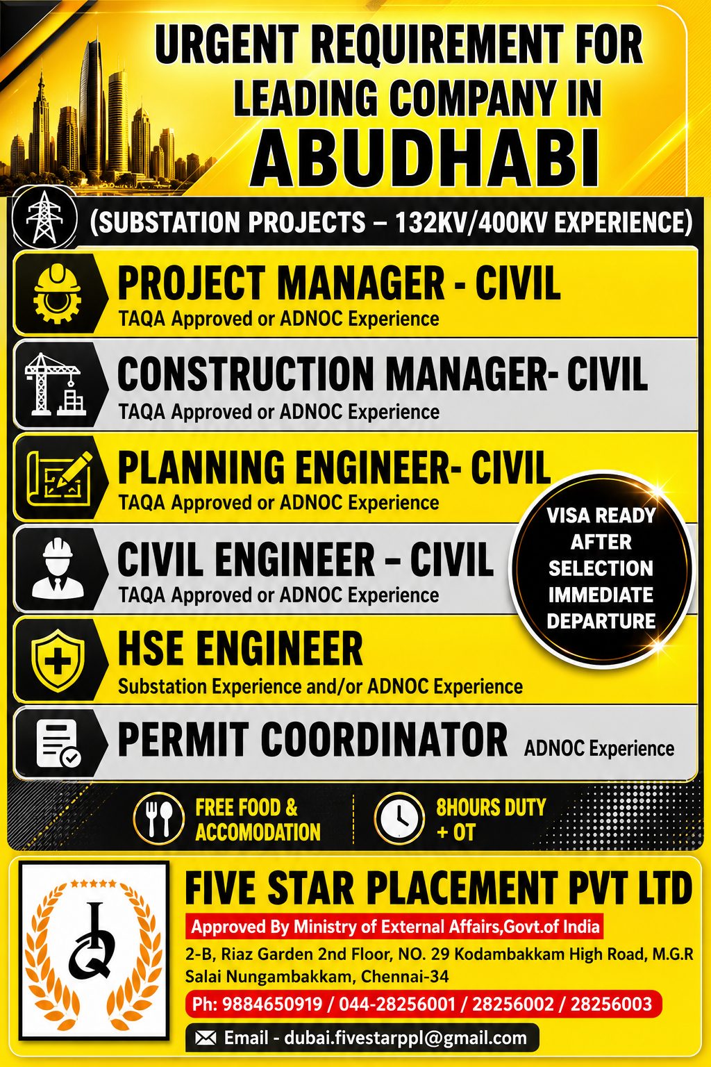 URGENT REQUIREMENT FOR (SUBSTATION PROJECTS – 132KV/400KV EXPERIENCE) COMPANY IN ABUDHABI