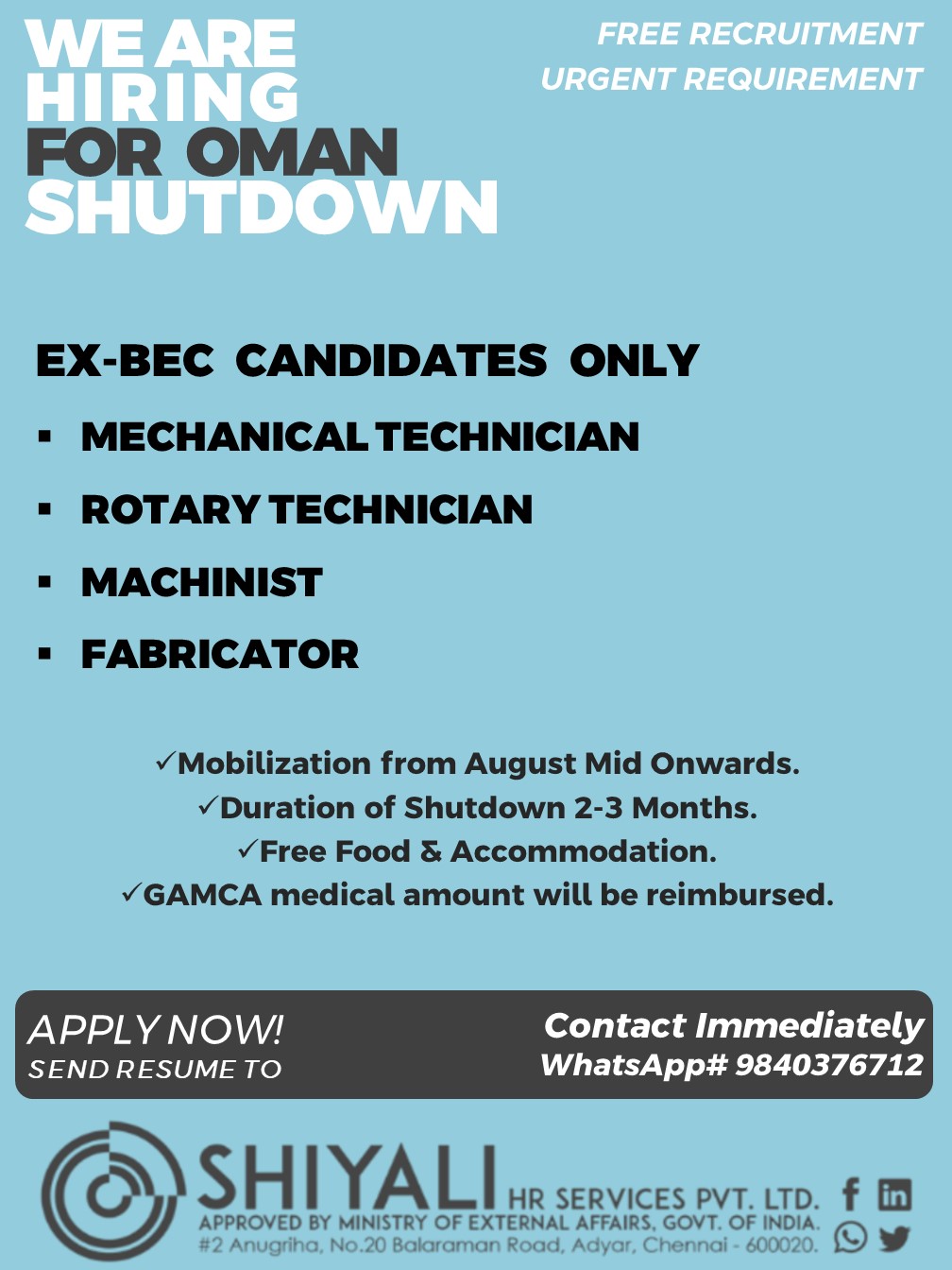 Oman Shutdown - Free Recruitment Urgent Requirement