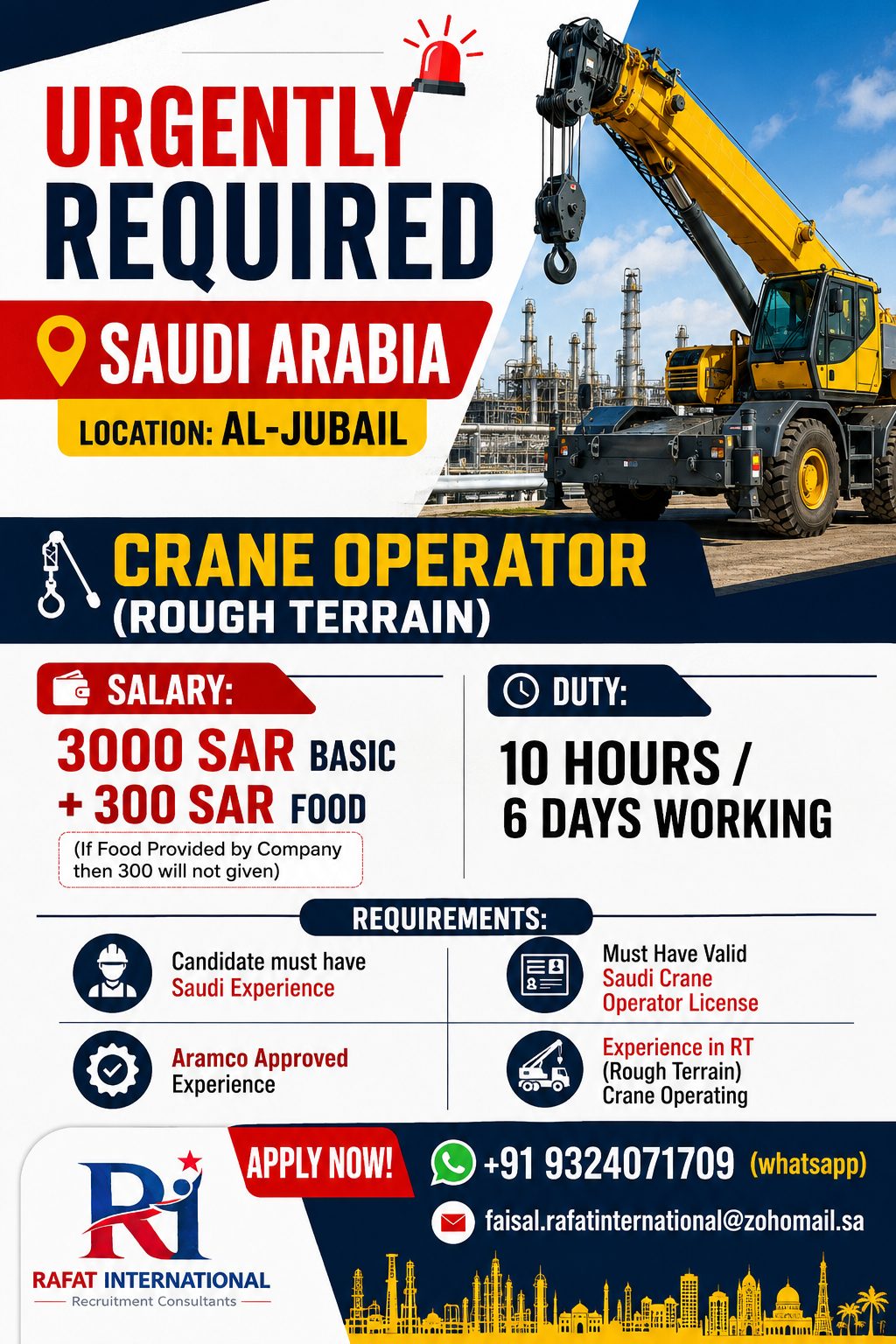Crane Operator (Rough Terrain) — Rafat International, Saudi Arabia, Saudi Arabia