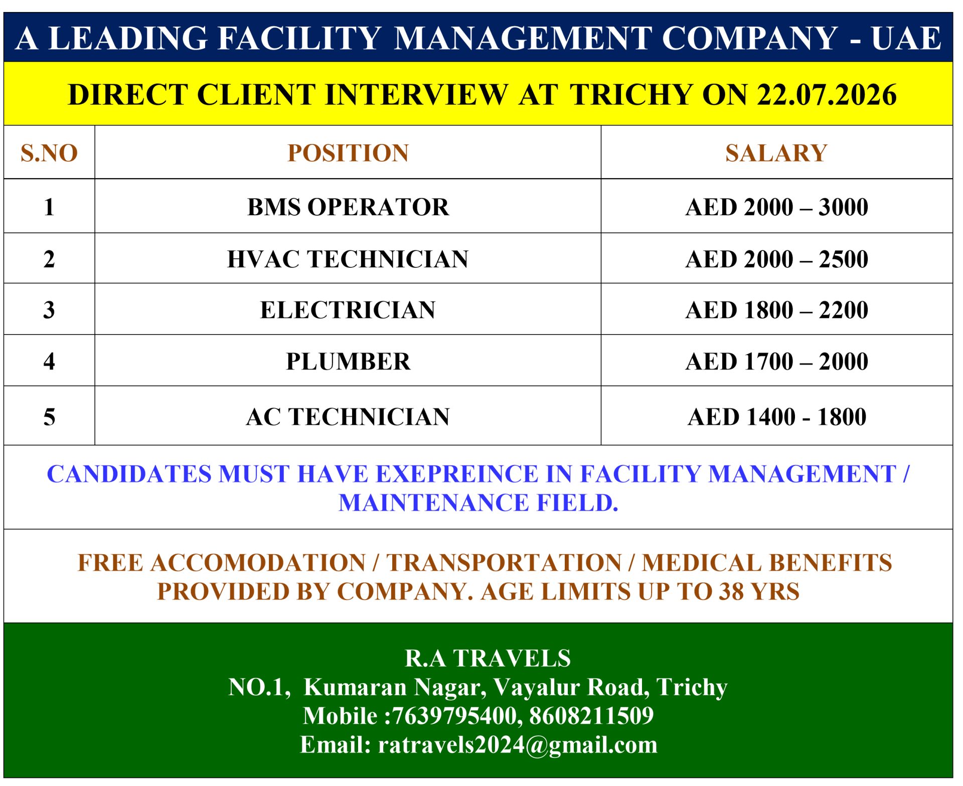 ELECTRICIAN / HVAC / BMS — R.A Travels, DUBAI, DUBAI