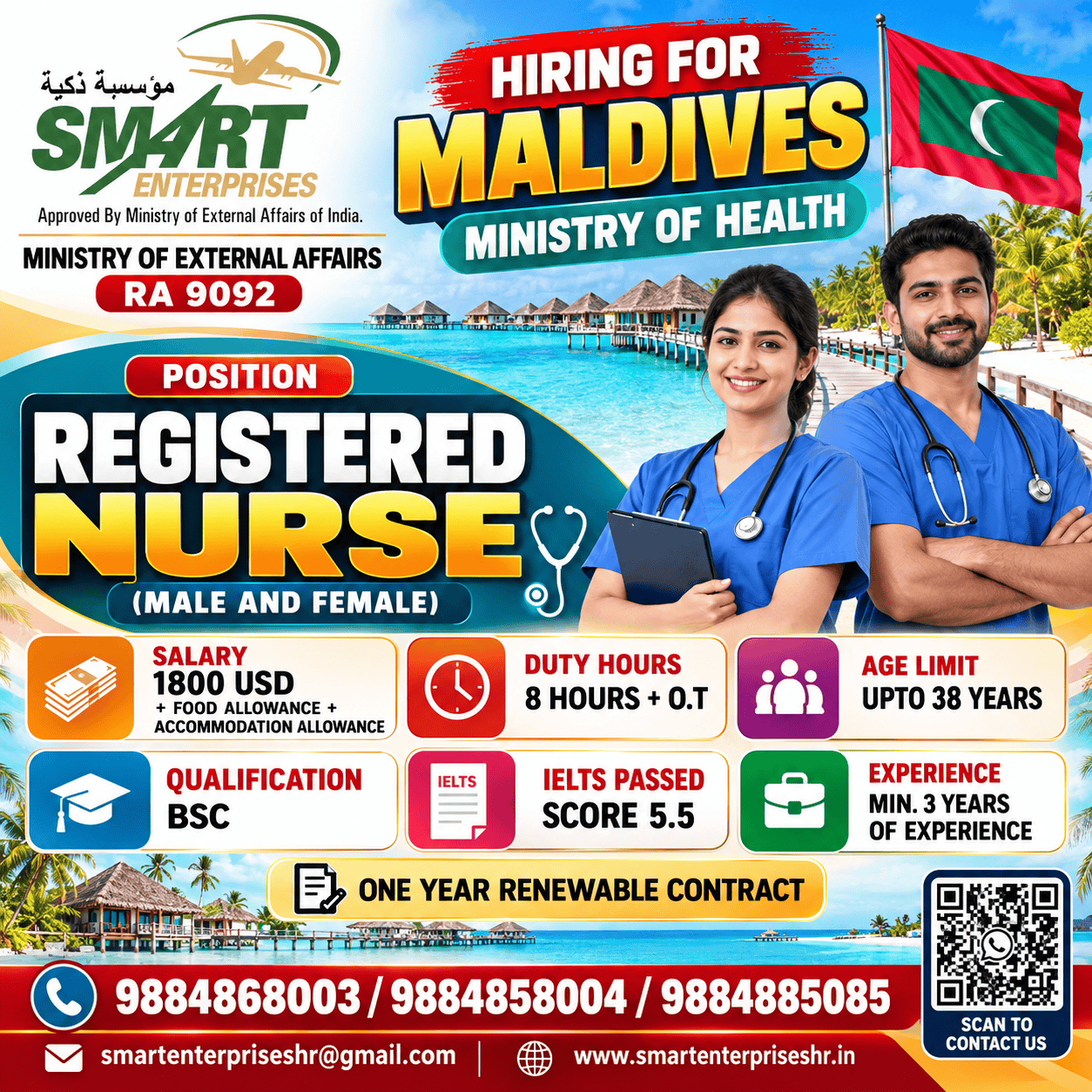 MALDIVES REQUIRES MALE AND FEMALE NURSES — smartenterpriseshr@gmail.com, MALDIVES