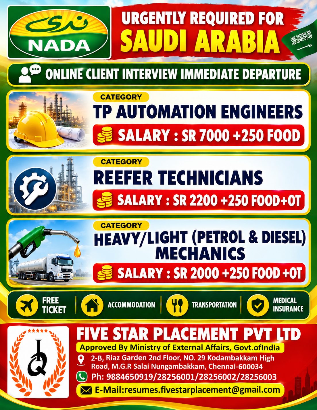 ONLINE CLIENT INTERVIEW IMMEDIATE DEPARTURE — Five Star Placement Pvt Ltd, SAUDI ARABIA