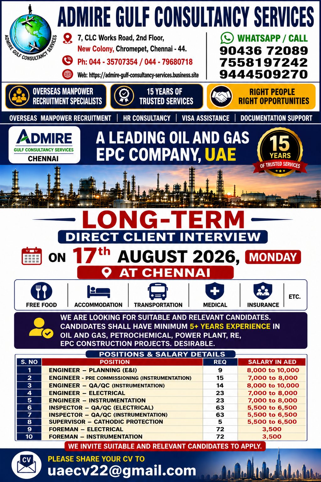 Oil and Gas EPC Company -  uea long term , direct client interview on 17th aug 2026 @ chennai