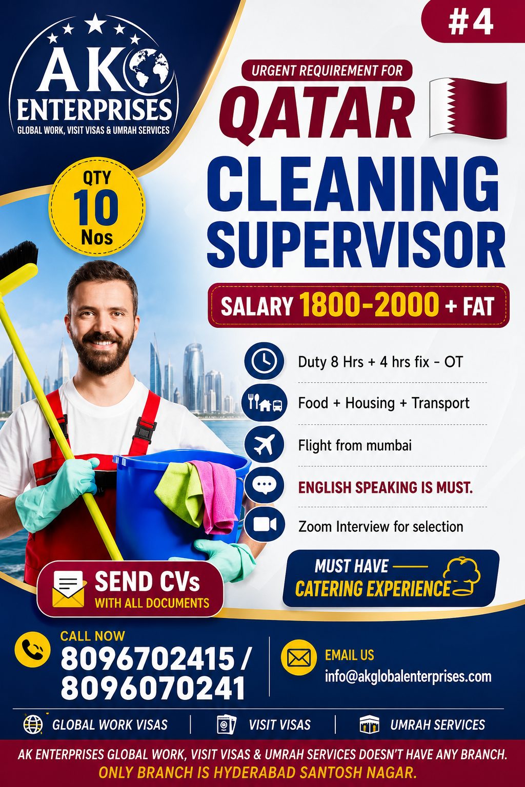Urgently Hiring For Cleaning Supervisor for Qatar Only Muslim Candidate can Apply