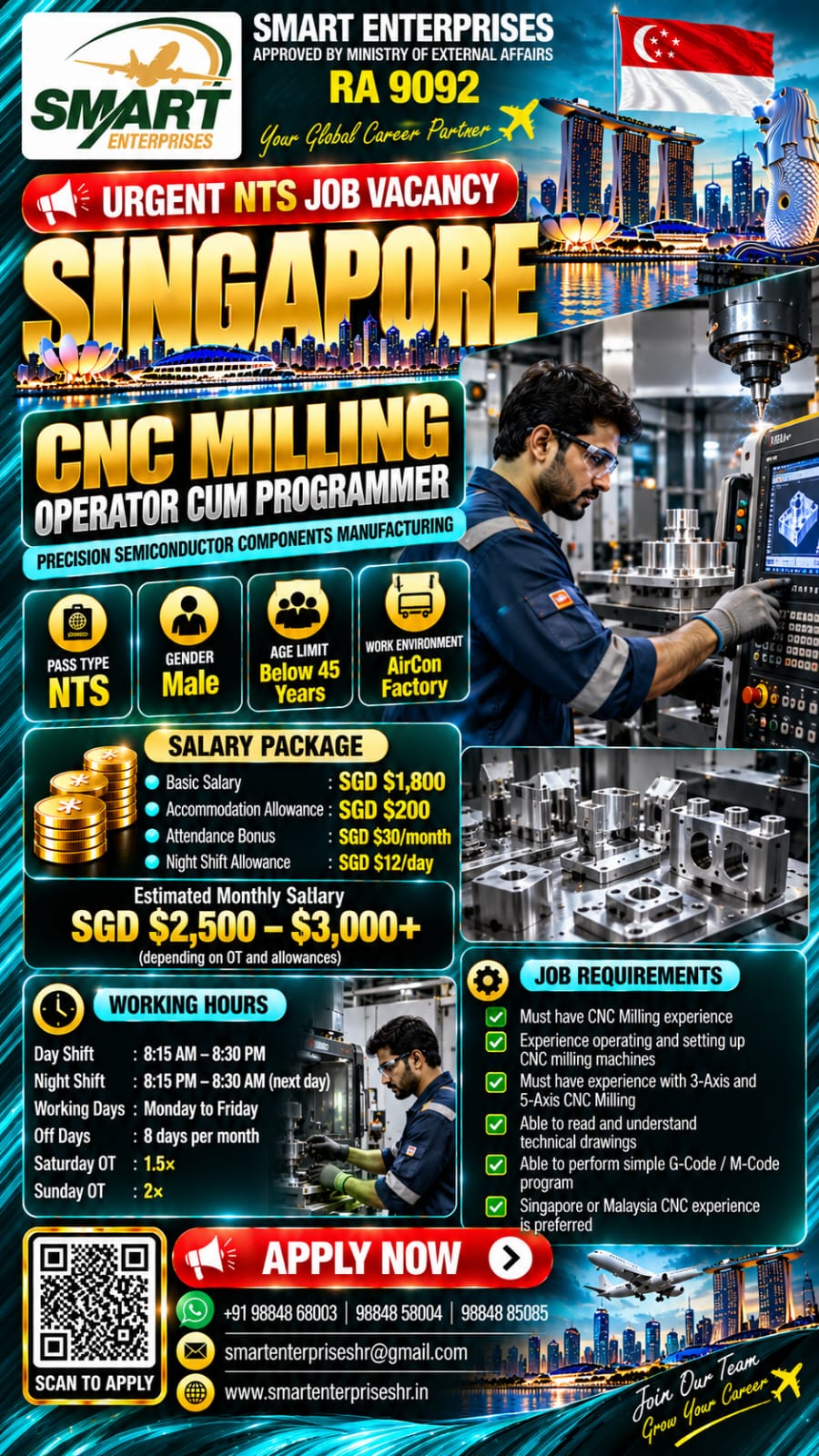 CNC MILLING OPERATOR CUM PROGRAMMER — smartenterpriseshr@gmail.com, SINGAPORE, SINGAPORE