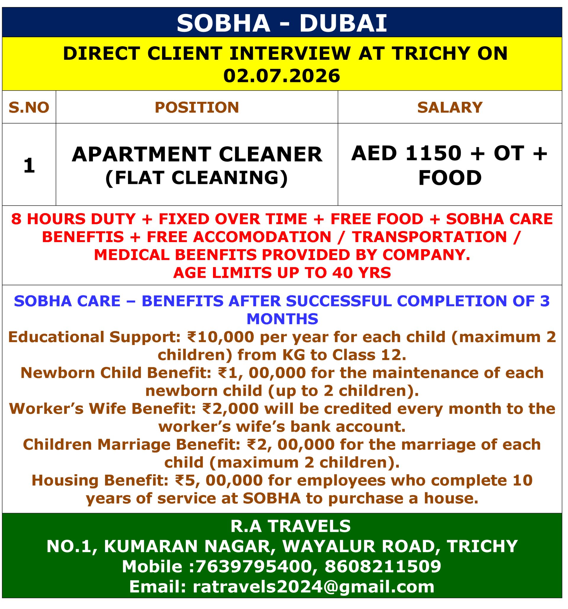 APARTMENT CLEANER — R.A Travels, DUBAI, DUBAI