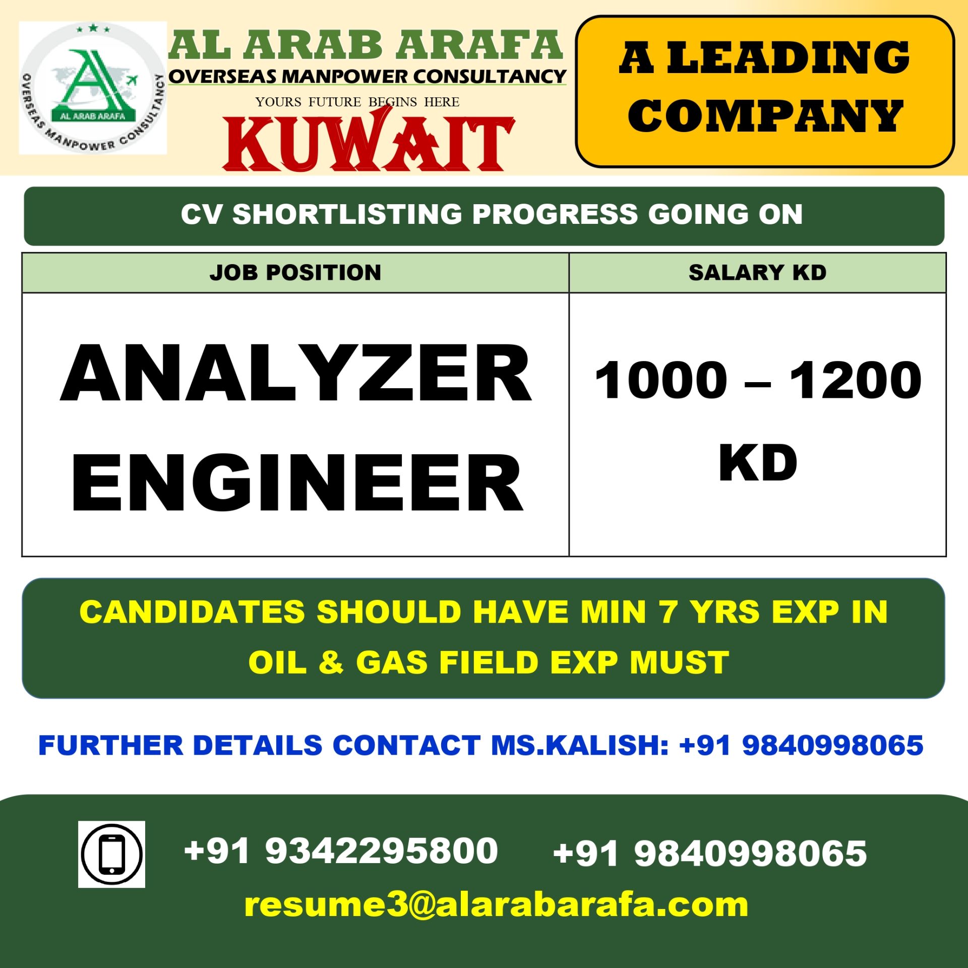ANALYZER ENGINEER — Al Arab Arafa Consultancy Pvt LTD, kuwait