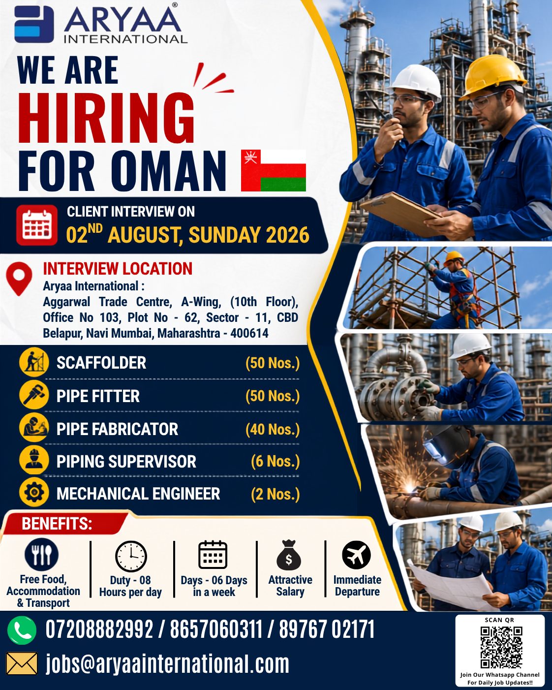 Aryaa International is conducting a Client Interview for major job openings in Oman.