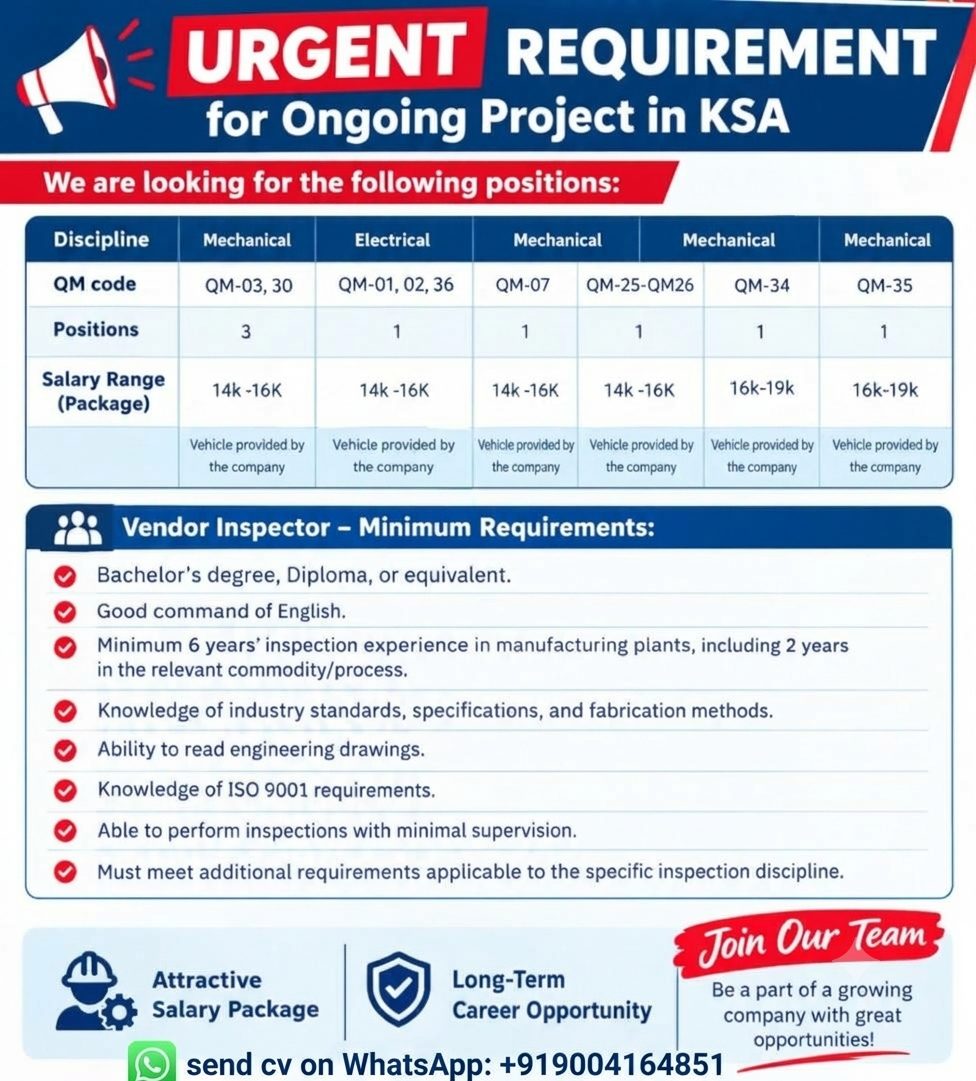 Vendor Inspector - Ongoing Project in KSA — Azeem Consultancy, Saudi Arabia, Saudi Arabia