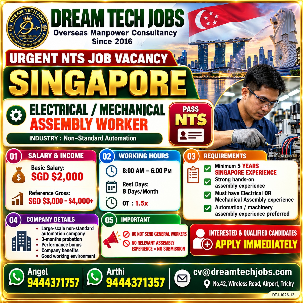 Electrical / Mechanical Assembly Worker — DREAM TECH JOBS -TRICHY, Singapore, Singapore
