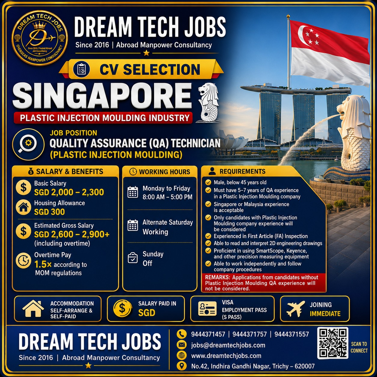 Quality Assurance (QA) Technician - Plastic Injection Moulding — DREAM TECH JOBS -TRICHY, Singapore, Singapore