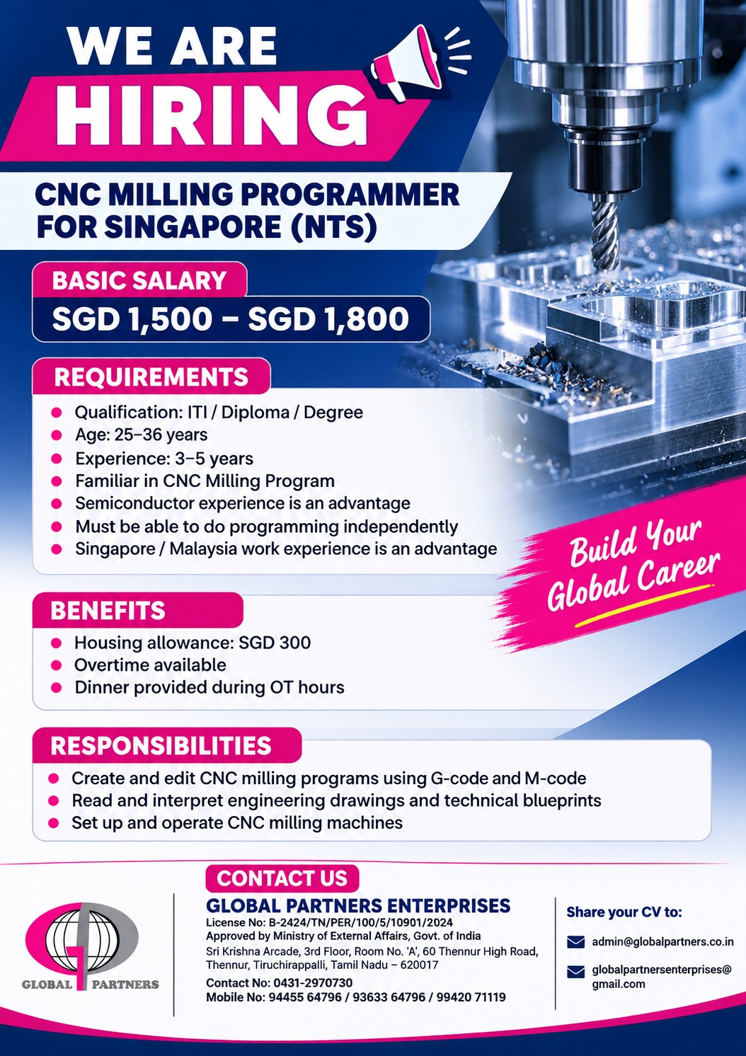 CNC Milling Programmer — Global Partners Enterprises, Singapore