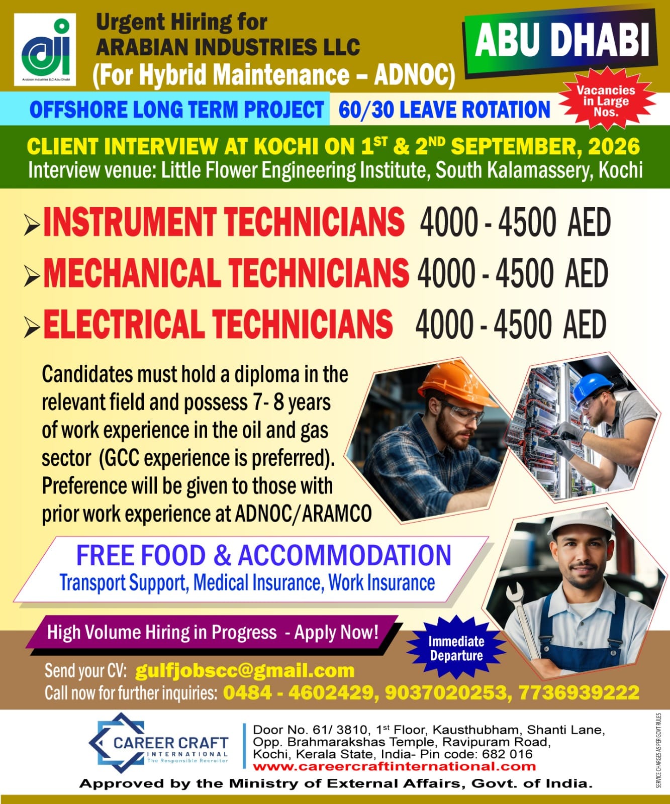ADNOC OFFSHORE ROTATION – CLIENT INTERVIEW AT KOCHI ON 1ST AND 2ND SEPTEMBER, 2026 – — CAREER CRAFT INTERNATIONAL, UAE, UAE