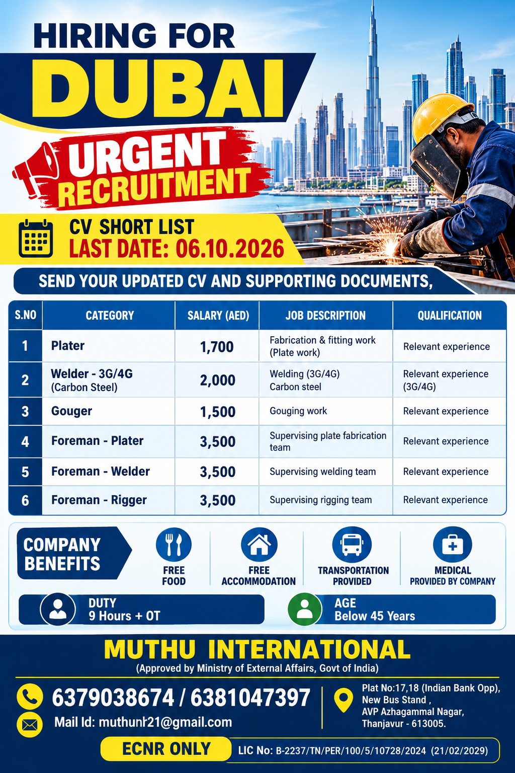 Urgent Recruitment for Dubai — MUTHU INTERNATIONAL, United Arab Emirates