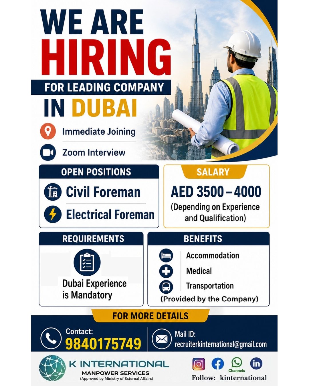 Civil Foreman & Electrical Foreman — K International, United Arab Emirates