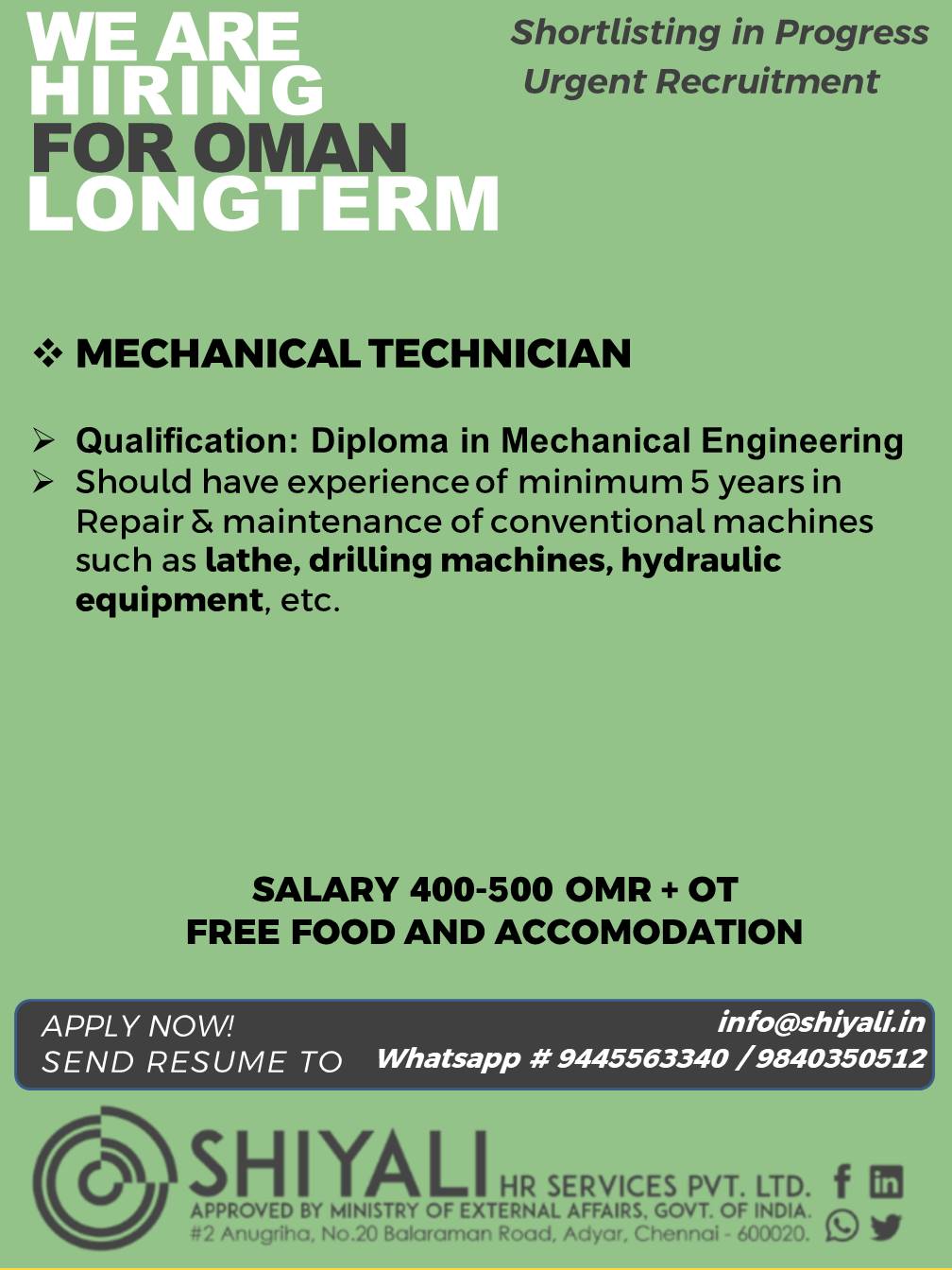 Mechanical Technician - Oman Long Term