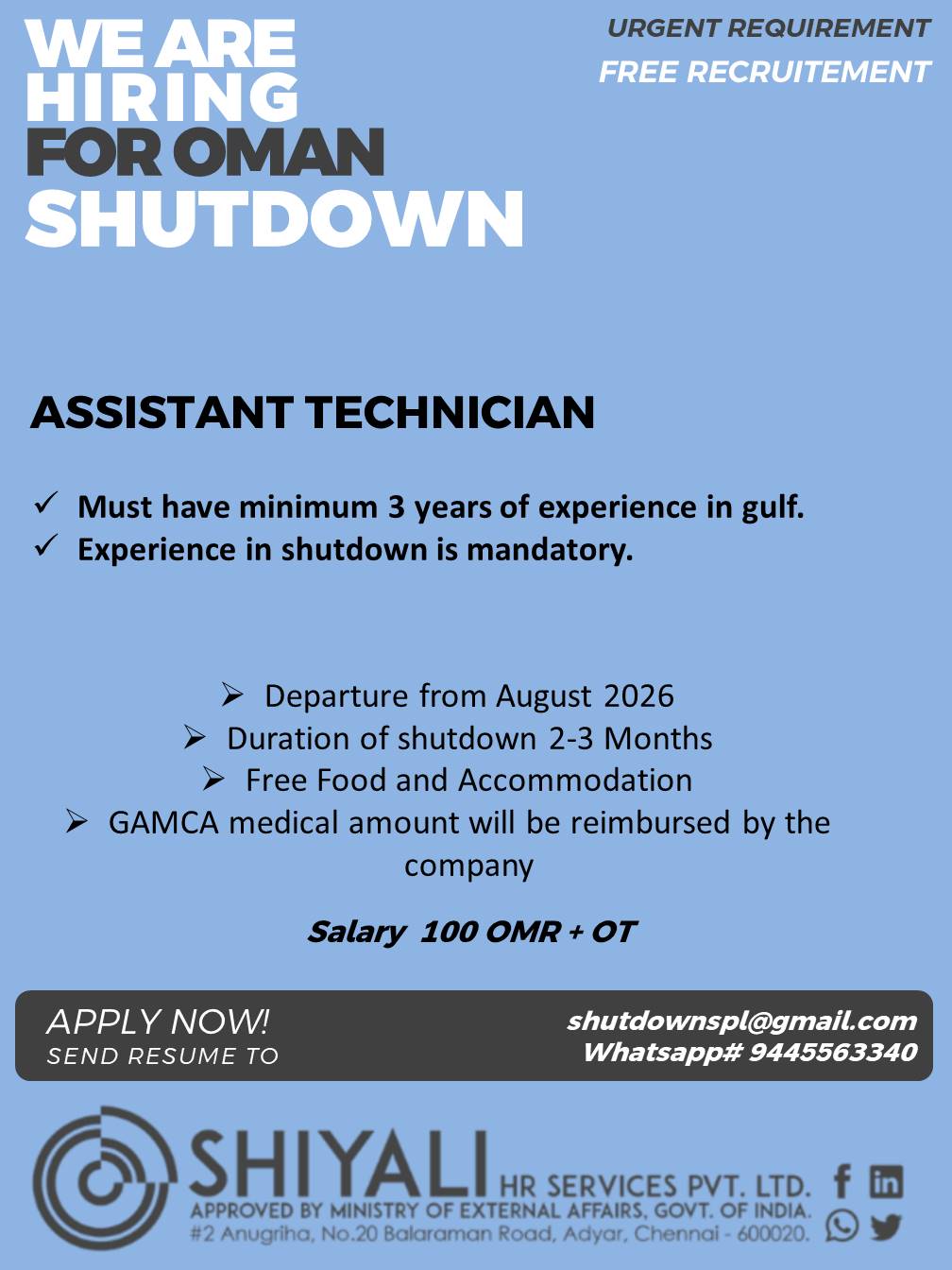 Assistant Technician - Oman Shutdown — SHIYALI HR SERVICES, Oman