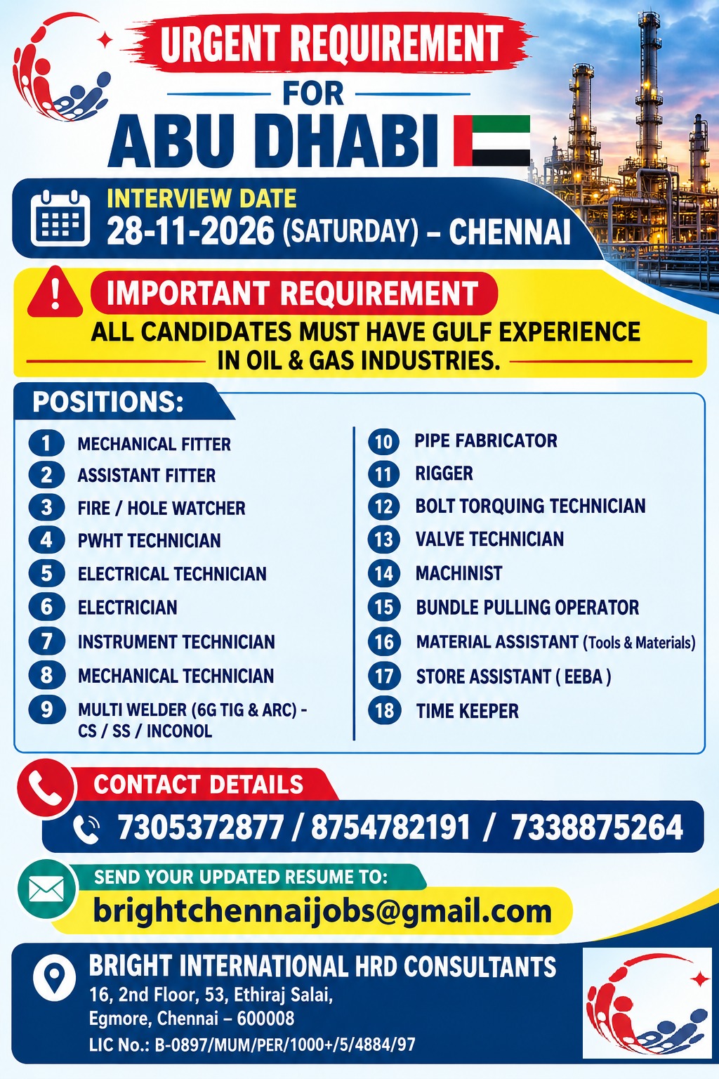 URGENT REQURIMENT FOR ABU DHABI