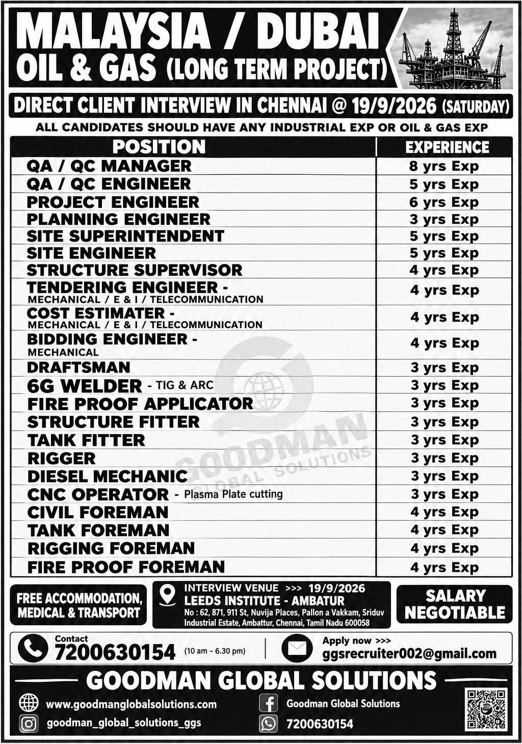 MALAYSIA / DUBAI - OIL & GAS (LONG TERM PROJECT) DIRECT CLIENT INTERVIEW IN CHENNAI @ 18/9/2026 & 19/9/2026