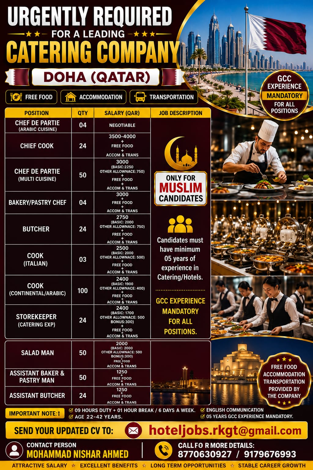 HIRING FOR A LEADING CATERING & HOTEL – DOHA – QATAR