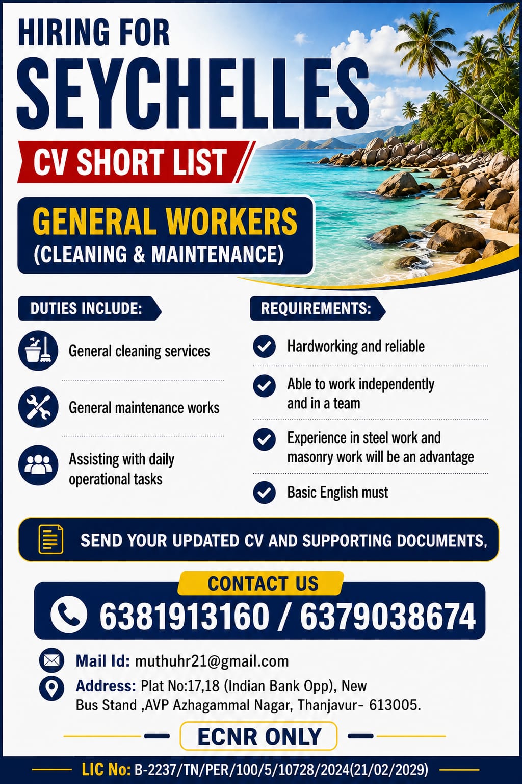 General Workers (Cleaning & Maintenance) — MUTHU INTERNATIONAL, Seychelles, Seychelles