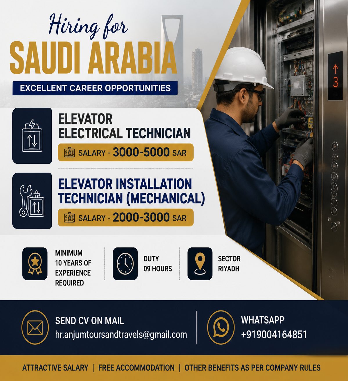 Elevator Technician Positions - Saudi Arabia — Anjum Tours And Travels, Saudi Arabia