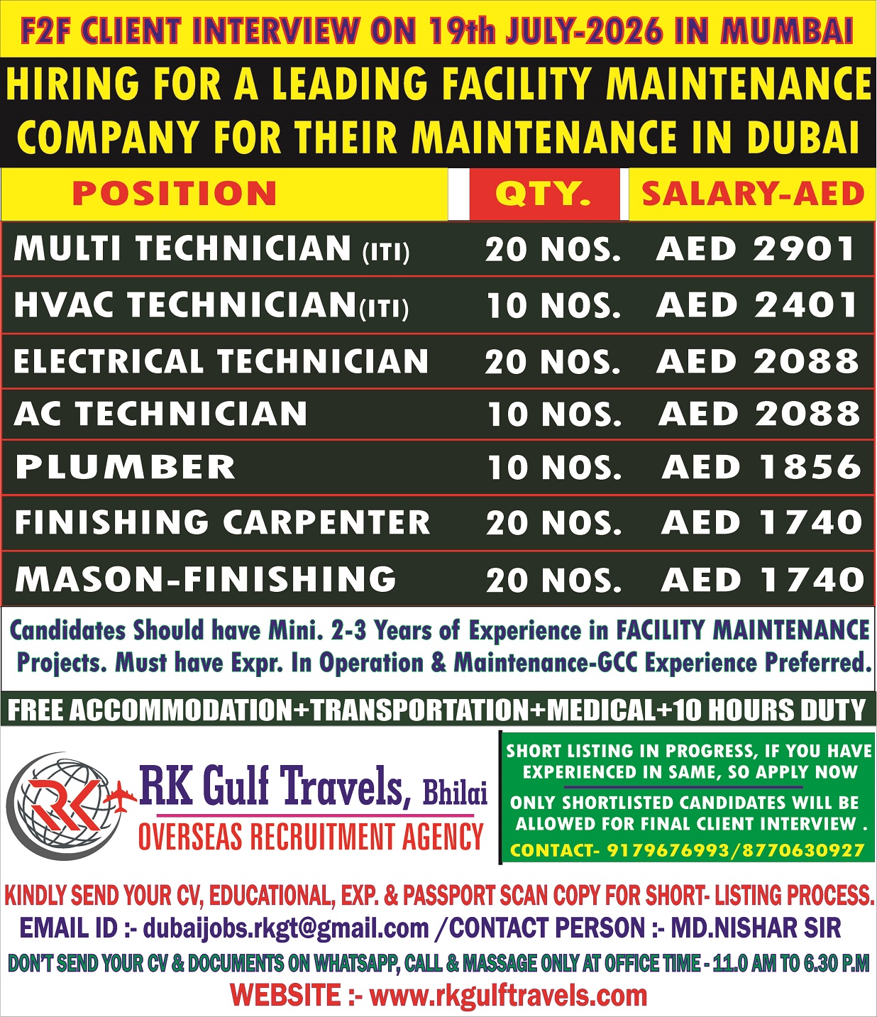 HIRING FOR A LEADING FACILITY MAINTENANCE COMPANY – UAE. — RK GULF TRAVELS,BHILAI, UAE, UAE