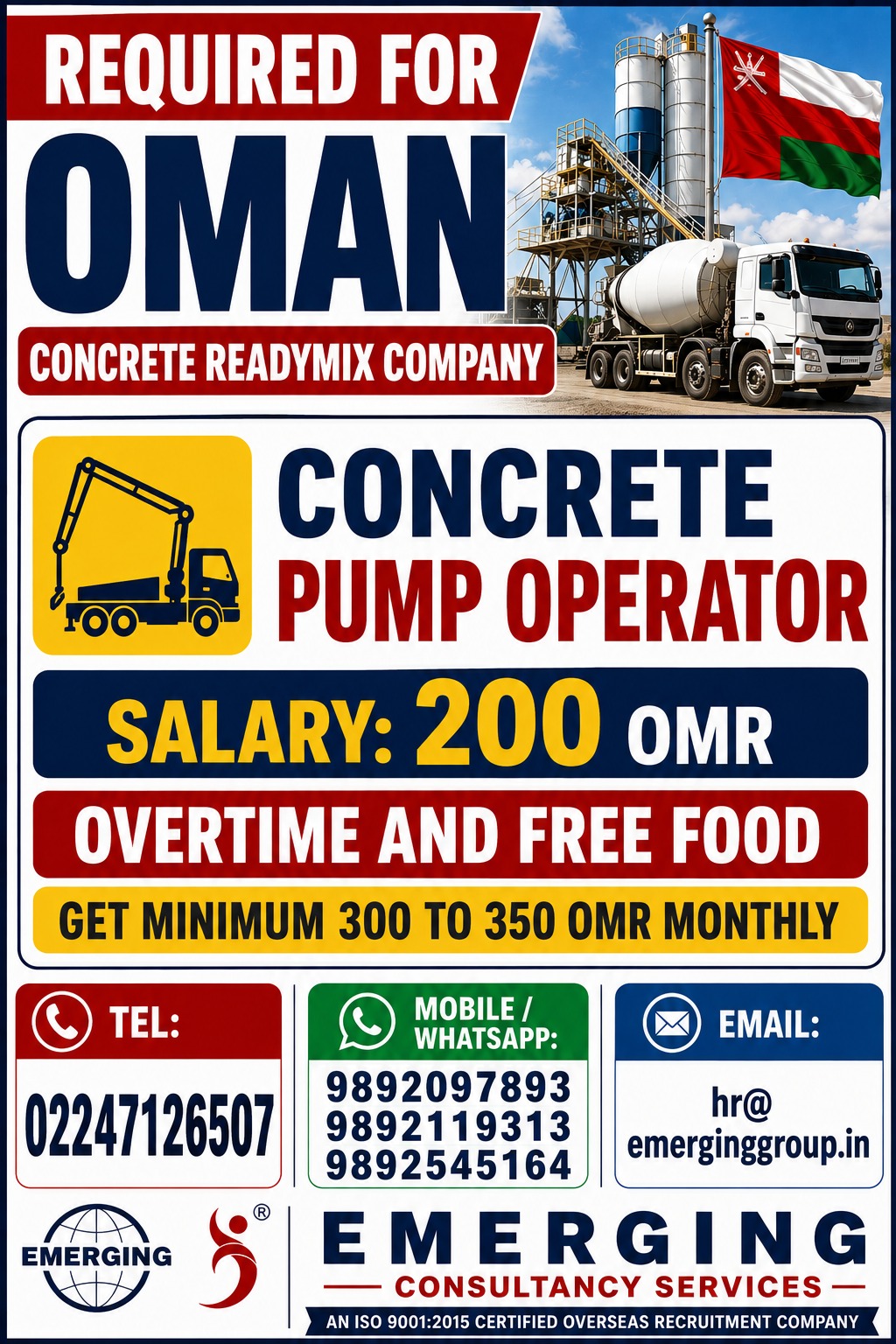 URGENTLY REQUIRED FOR LEADING READY MIX & CEMENT PRODUCTS COMPANY IN OMAN