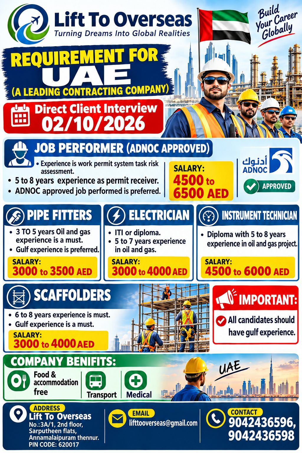 JOB PERFORMER, PIPE FITTERS, ELECTRICIAN, INSTRUMENT TECHNICIAN, SCAFFOLDERS — Lift To Overseas, ABUDHABI