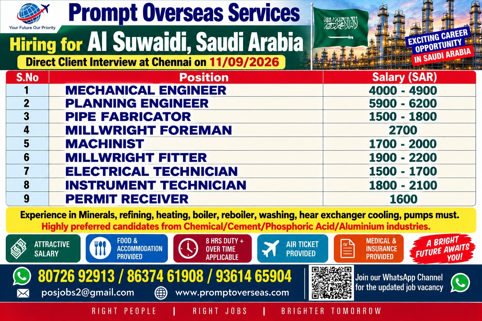 HIRING ENGINEERS, FOREMAN, TECHNICIAN AND FITTERS — PROMPT OVERSEAS SERVICES, SAUDI ARABIA
