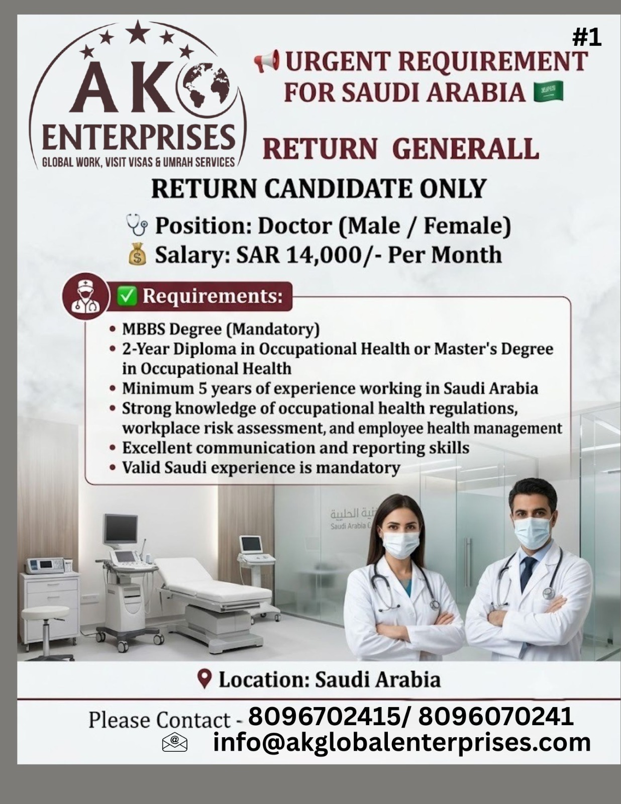 Urgently requirement Hiring of Saudi Arabia- General Doctors/ Male /Female — AK ENTERPRISES, Saudi Arabia