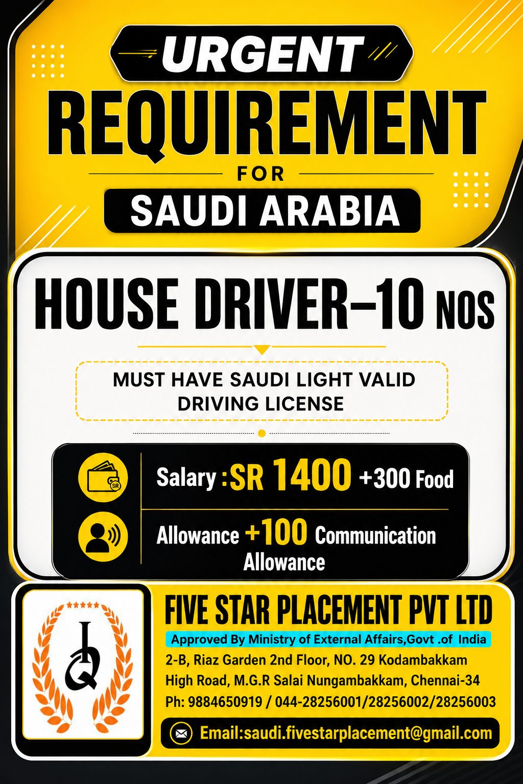 HOUSE DRIVER - KSA — Five Star Placement Pvt Ltd, SAUDI ARABIA, SAUDI ARABIA