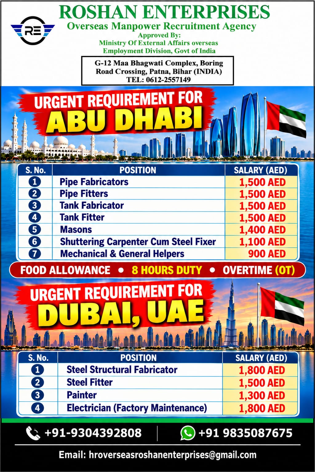 Urgent Recruitment for Abu Dhabi and Dubai, UAE