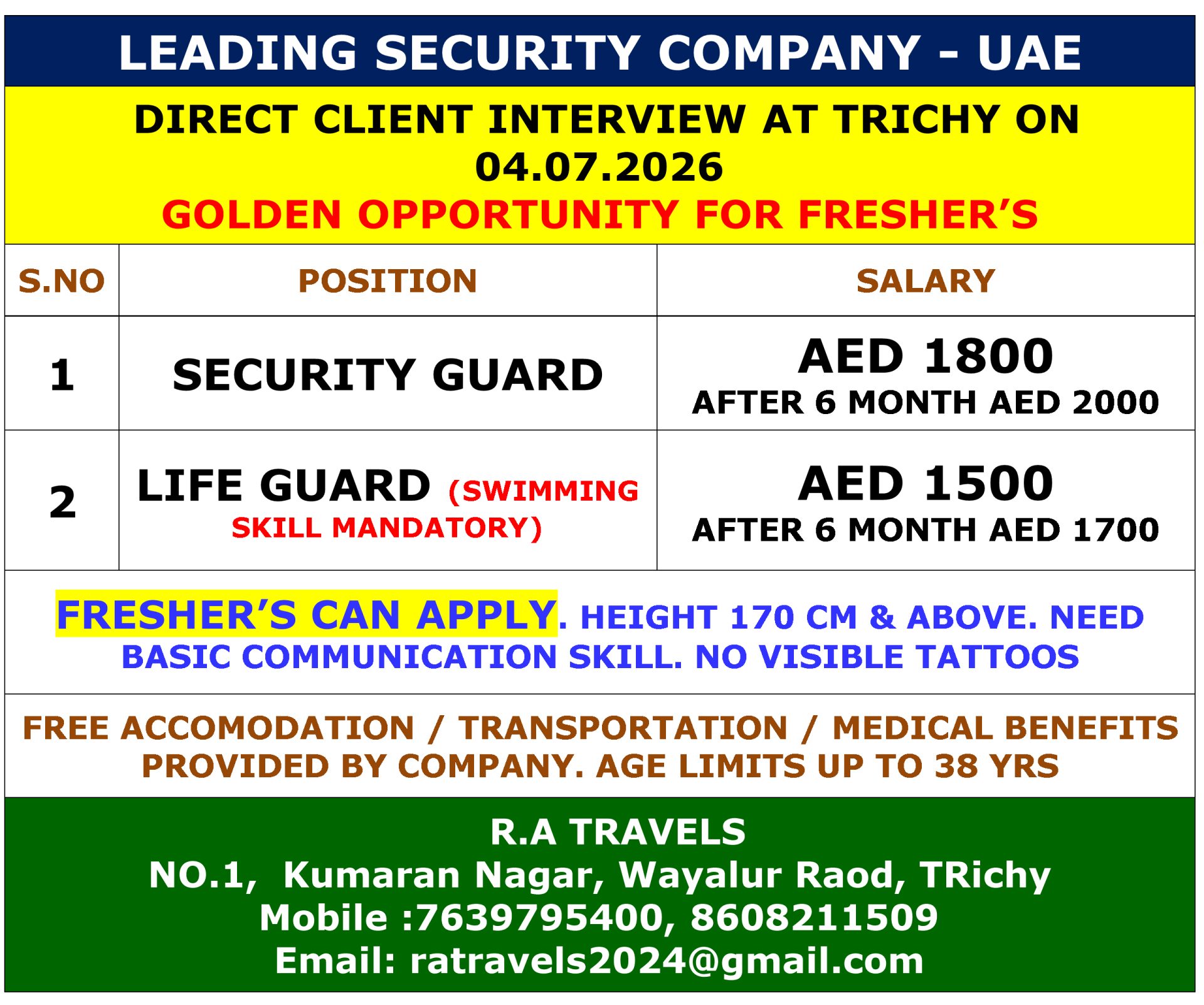 SECURITY GUARD — R.A Travels, DUBAI, DUBAI