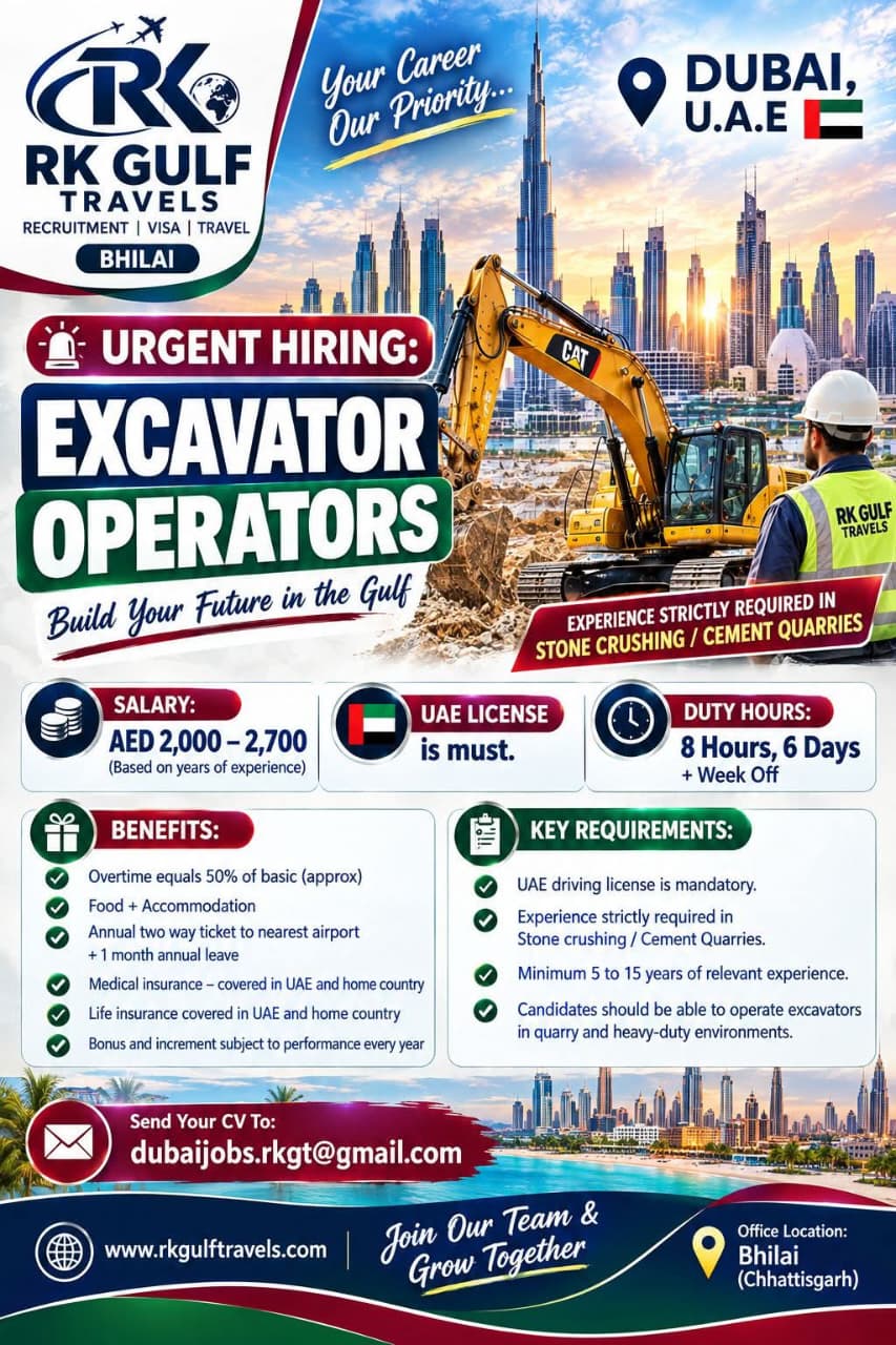 HIRING FOR A LEADING CEMENT QUARRIES & STONE CRUSHER – DUBAI (UAE). — RK GULF TRAVELS,BHILAI, UAE